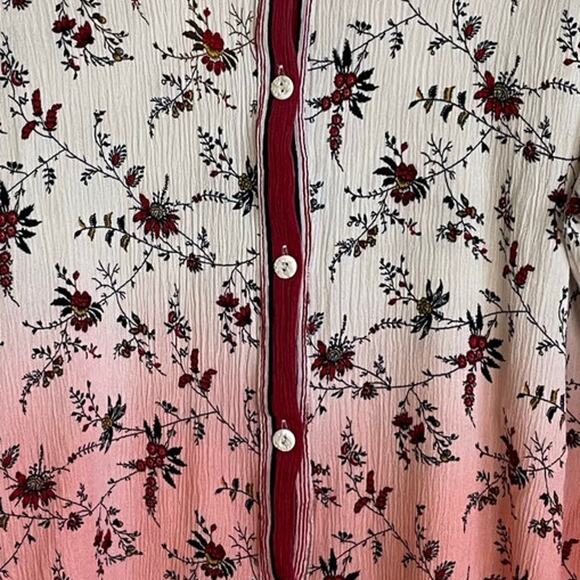 POL Ombre Floral Button Up Blouse Sz M Pink Red Cream Boho Gauze Top Casual - Picture 4 of 11